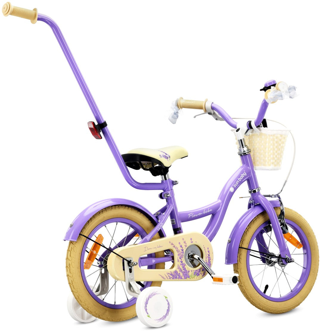 14-Zoll-Mädchenfahrrad mit Schieber, Seitenrädern und Korb, Blumenfahrrad, Lavendel
