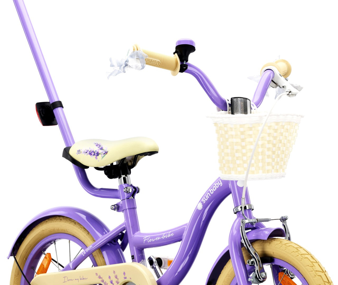 14-Zoll-Mädchenfahrrad mit Schieber, Seitenrädern und Korb, Blumenfahrrad, Lavendel