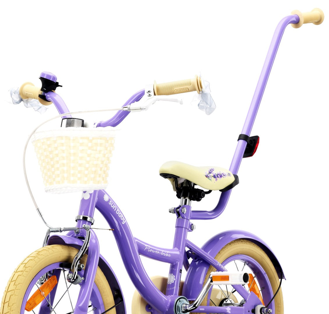 14-Zoll-Mädchenfahrrad mit Schieber, Seitenrädern und Korb, Blumenfahrrad, Lavendel