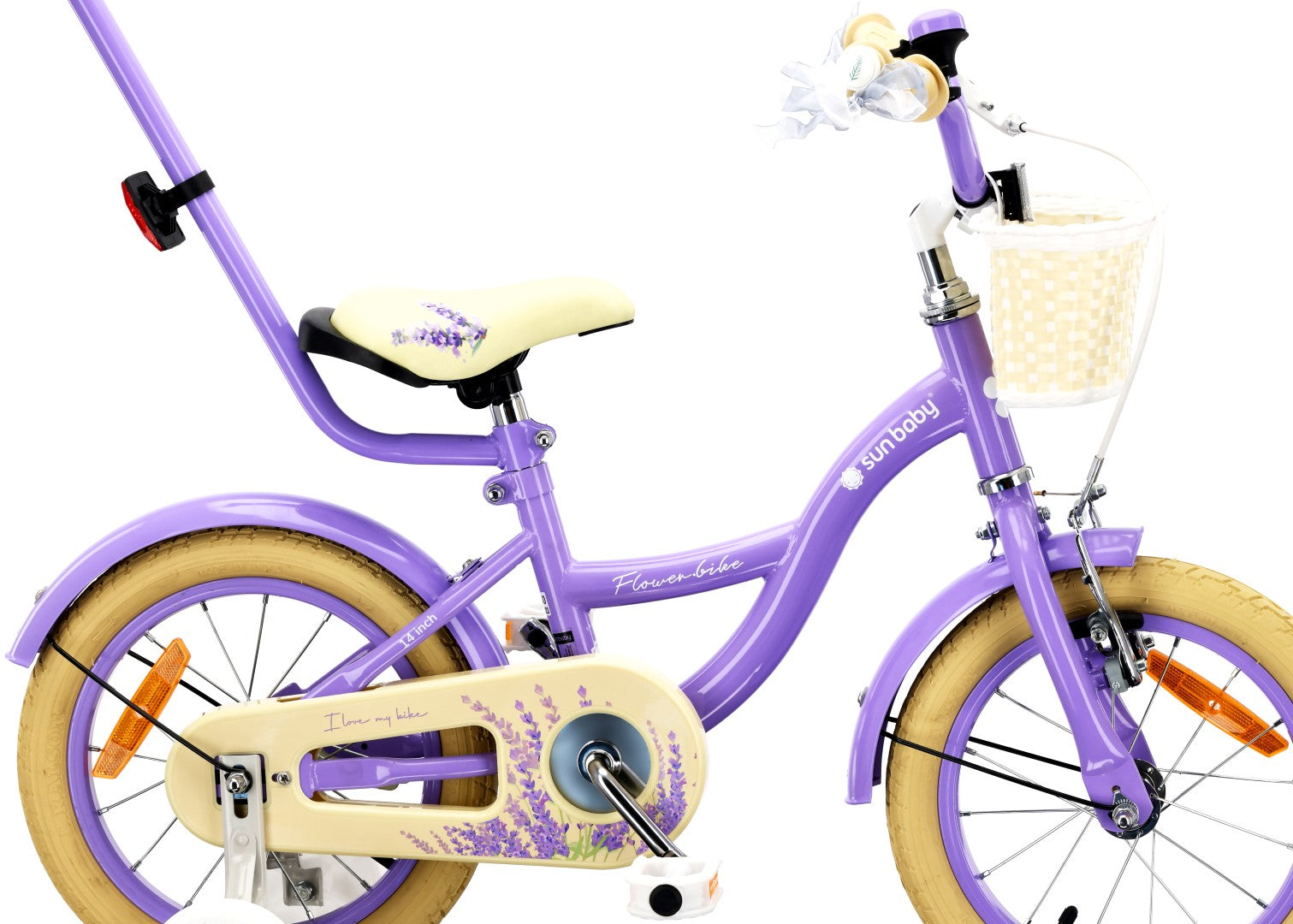 14-Zoll-Mädchenfahrrad mit Schieber, Seitenrädern und Korb, Blumenfahrrad, Lavendel