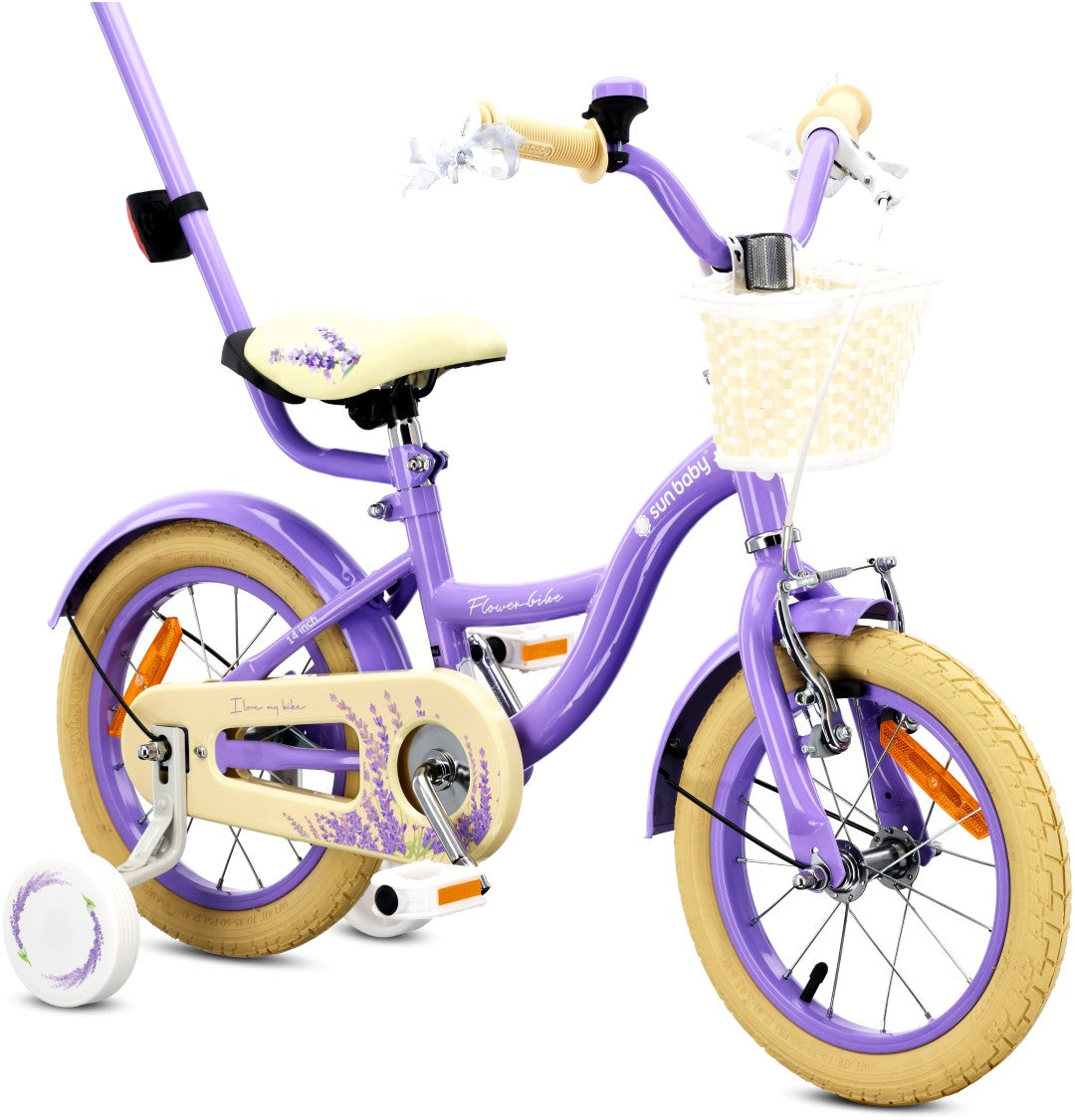 14-Zoll-Mädchenfahrrad mit Schieber, Seitenrädern und Korb, Blumenfahrrad, Lavendel