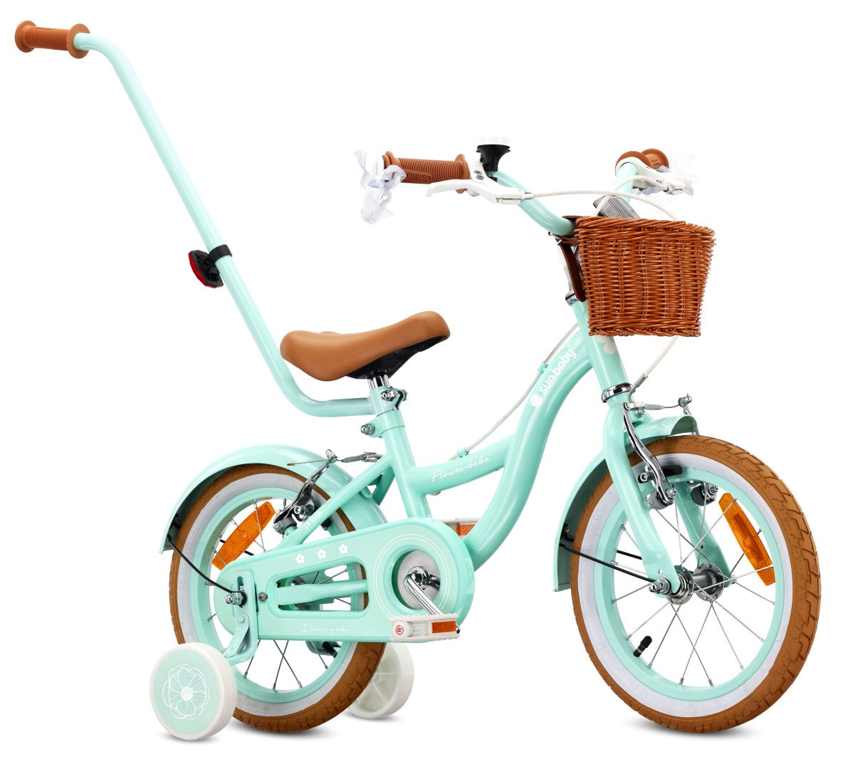 Rower dziecięcy 14 cali dla dziewczynki 3 4 5 lat Pchacz Kółka boczne Koszyk V-brake Flower Retro bike miętowy