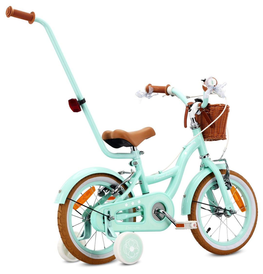 Rower dziecięcy 14 cali dla dziewczynki 3 4 5 lat Pchacz Kółka boczne Koszyk V-brake Flower Retro bike miętowy