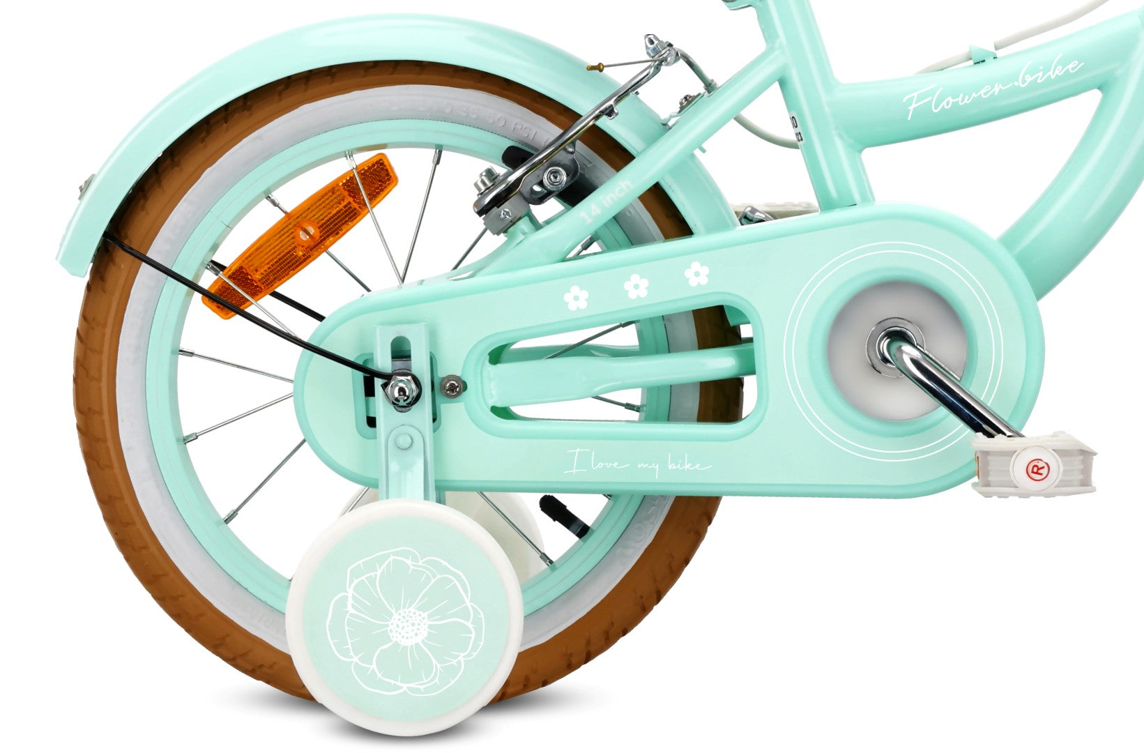 Rower dziecięcy 14 cali dla dziewczynki 3 4 5 lat Pchacz Kółka boczne Koszyk V-brake Flower Retro bike miętowy