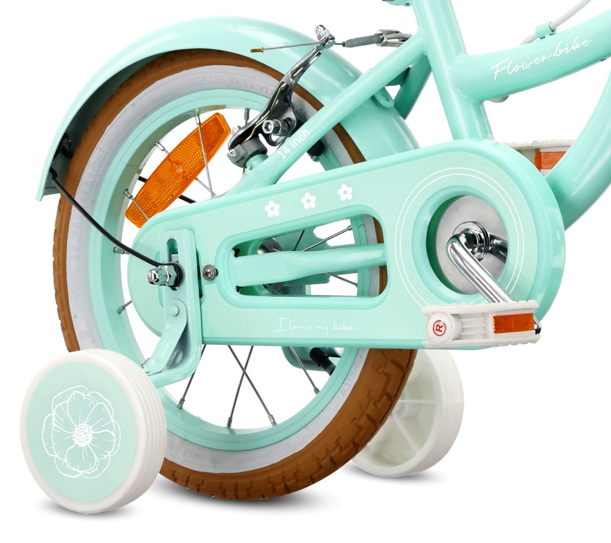 Rower dziecięcy 14 cali dla dziewczynki 3 4 5 lat Pchacz Kółka boczne Koszyk V-brake Flower Retro bike miętowy