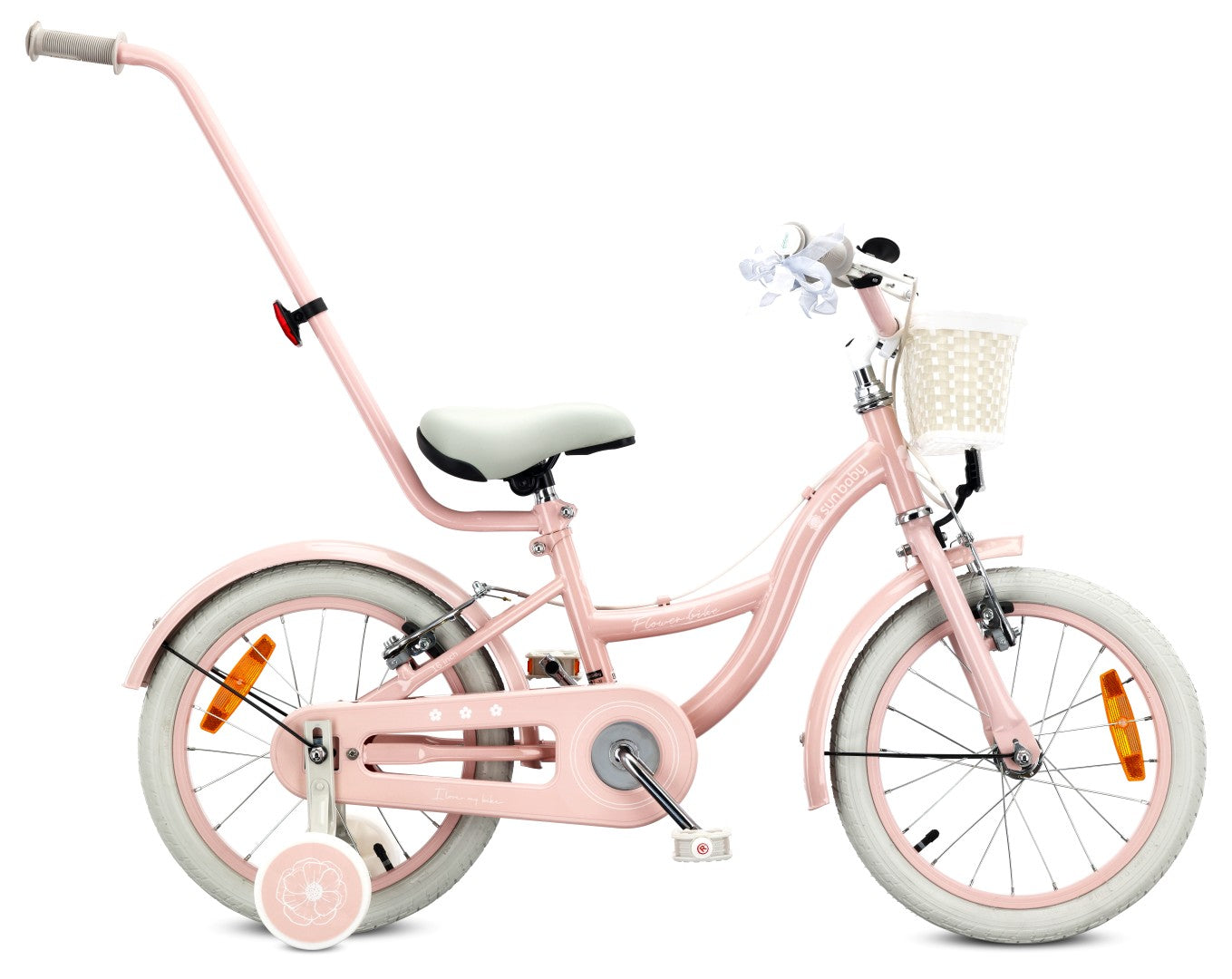 Rower dziecięcy 16 cali dla dziewczynki 4 5 6 lat Pchacz Kółka boczne Koszyk V-brake Flower Retro bike różowy