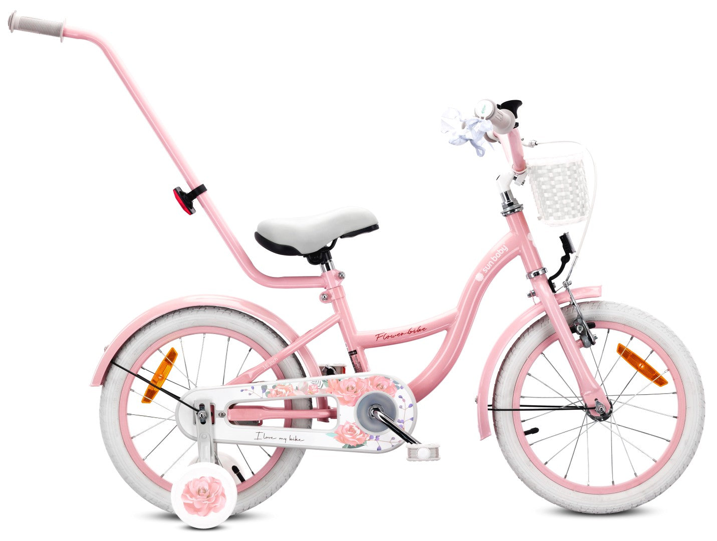 Rower dla dziewczynki 16 cali Pchacz kółka boczne Flower bike różowy