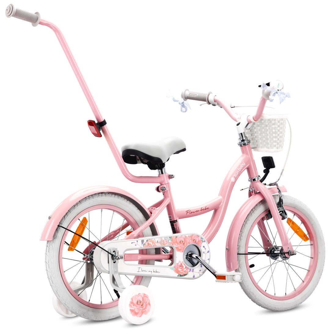 16-Zoll-Mädchenfahrrad Pusher mit Seitenrädern, Blumenrad, rosa