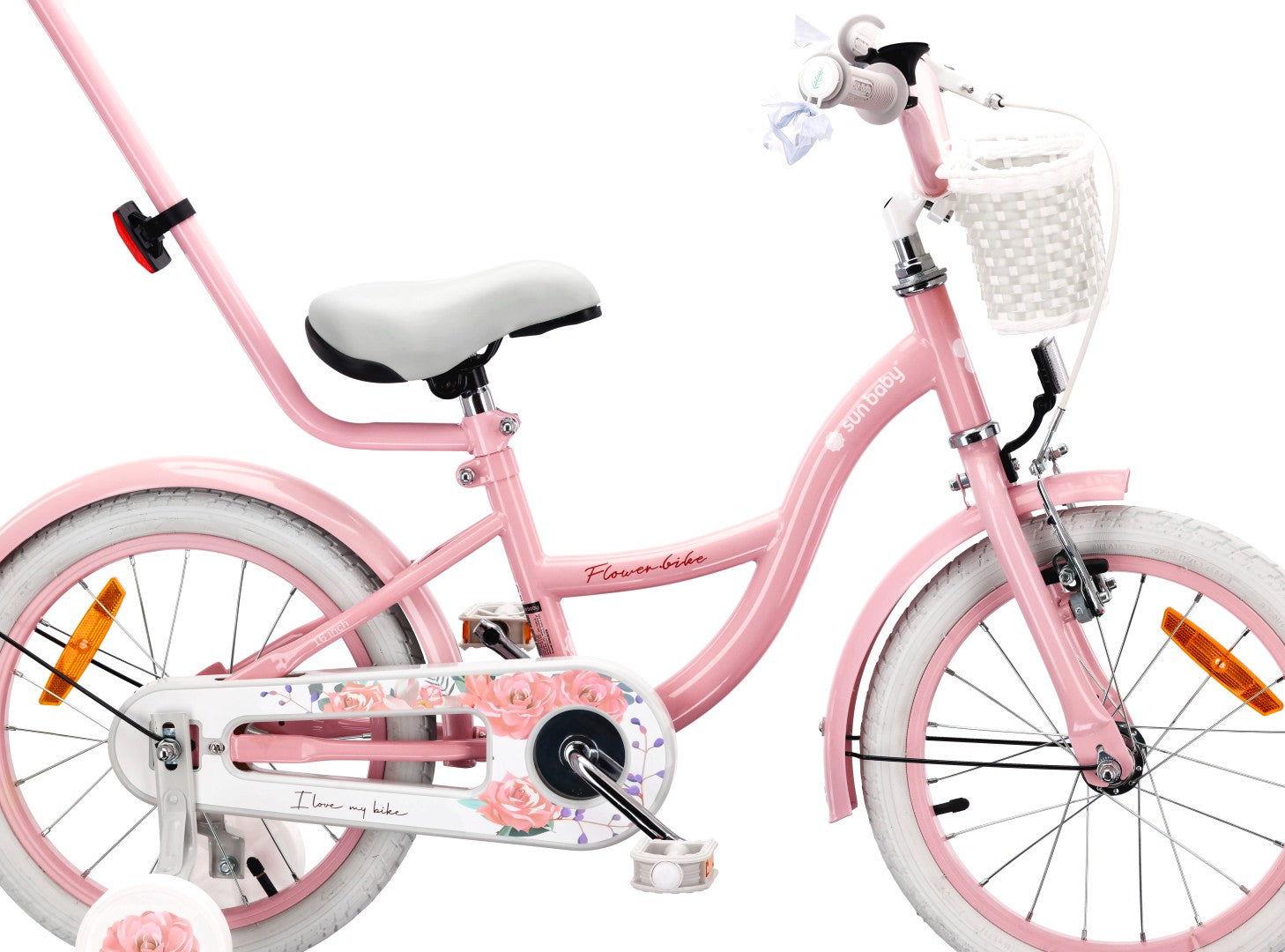 16-Zoll-Mädchenfahrrad Pusher mit Seitenrädern, Blumenrad, rosa