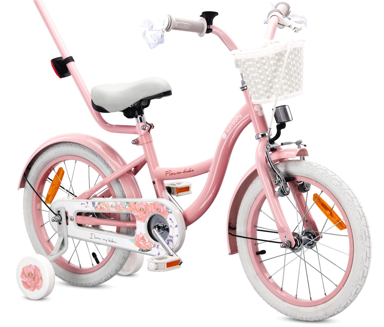 16-Zoll-Mädchenfahrrad Pusher mit Seitenrädern, Blumenrad, rosa