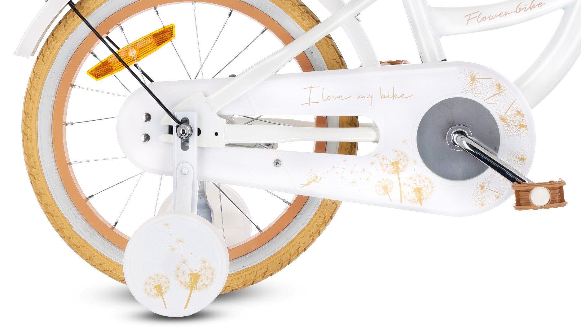 Rower dla dziewczynki 16 cali Pchacz kółka boczne Flower bike Dmuchawiec biało beżowy Sun Baby