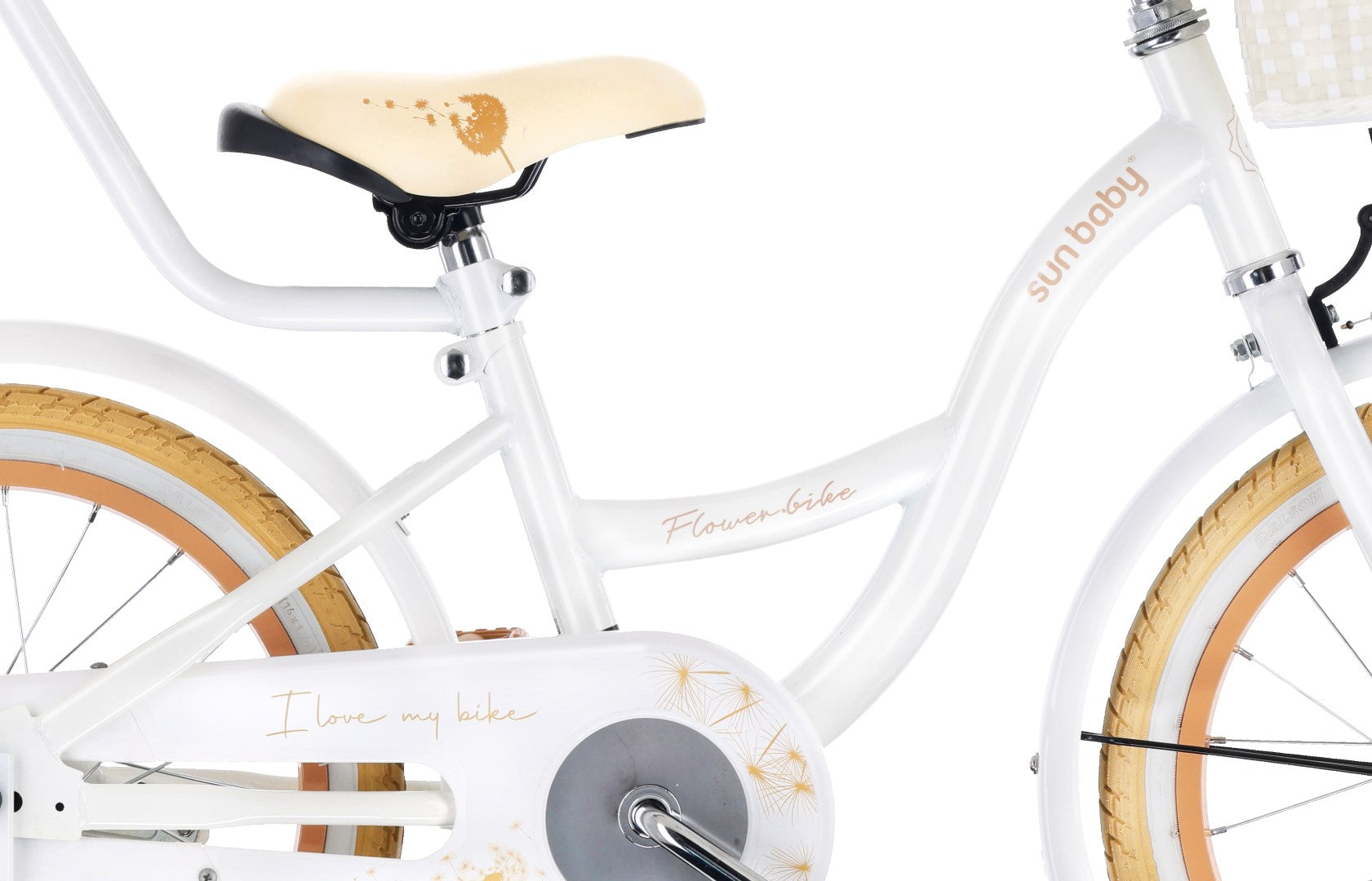 Rower dla dziewczynki 16 cali Pchacz kółka boczne Flower bike Dmuchawiec biało beżowy Sun Baby
