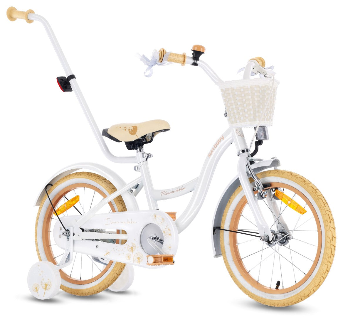 Rower dla dziewczynki 16 cali Pchacz kółka boczne Flower bike Dmuchawiec biało beżowy Sun Baby