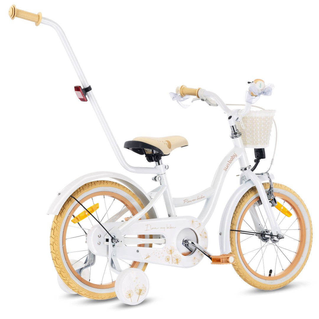 Rower dla dziewczynki 16 cali Pchacz kółka boczne Flower bike Dmuchawiec biało beżowy Sun Baby