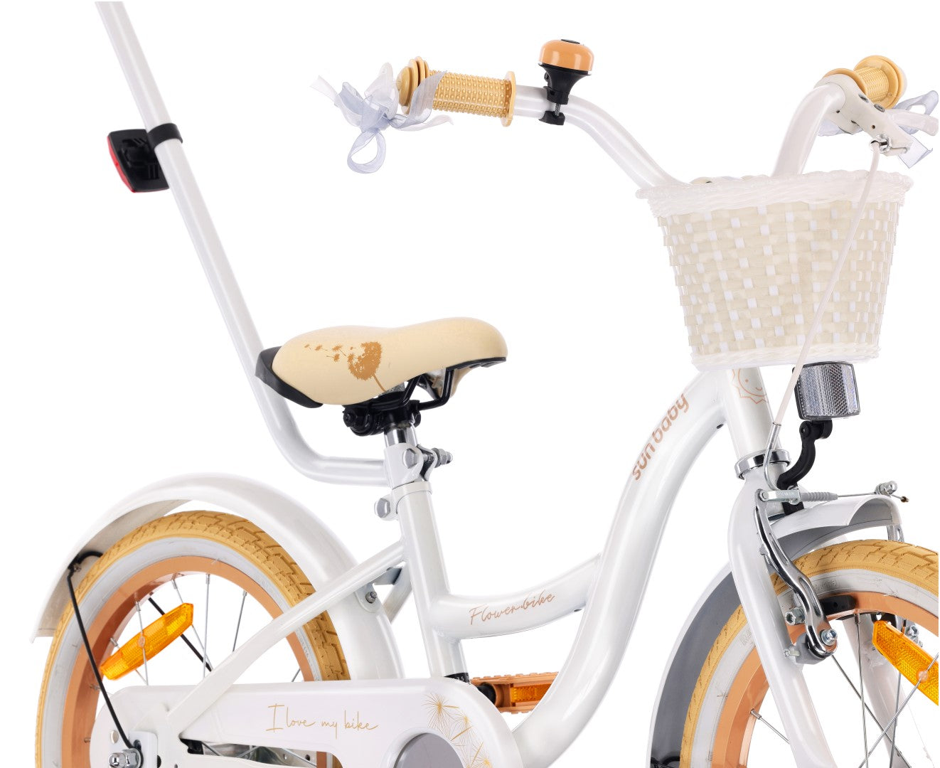 Rower dla dziewczynki 16 cali Pchacz kółka boczne Flower bike Dmuchawiec biało beżowy Sun Baby