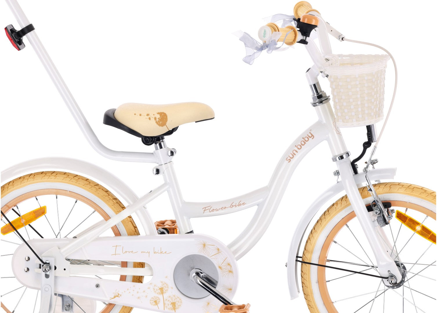 Rower dla dziewczynki 16 cali Pchacz kółka boczne Flower bike Dmuchawiec biało beżowy Sun Baby