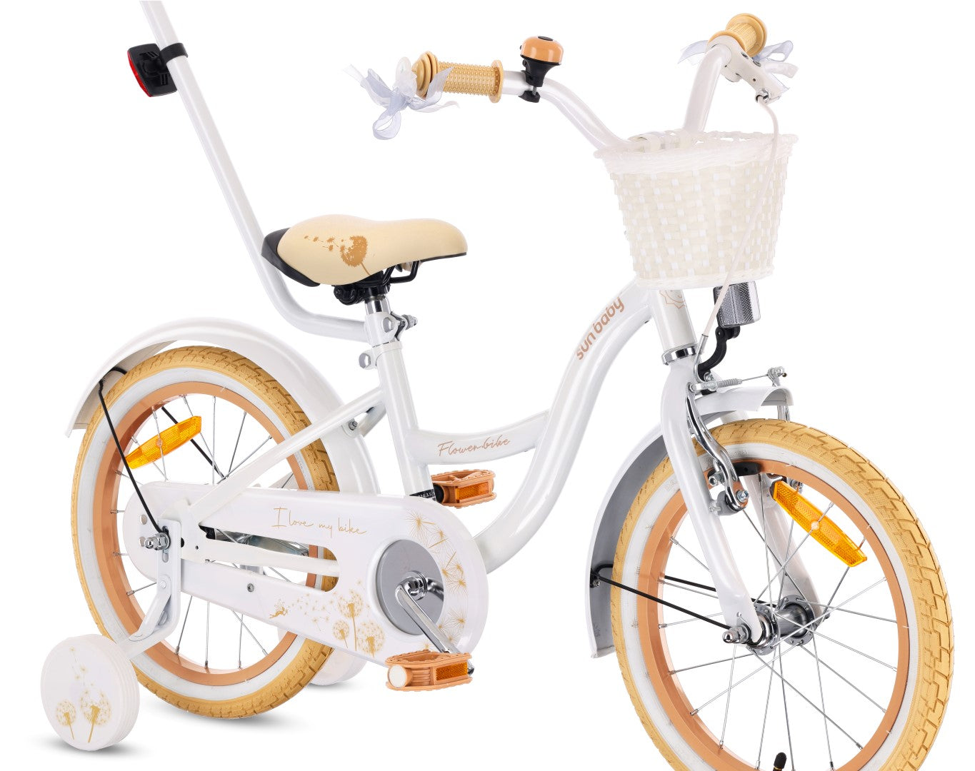 Rower dla dziewczynki 16 cali Pchacz kółka boczne Flower bike Dmuchawiec biało beżowy Sun Baby