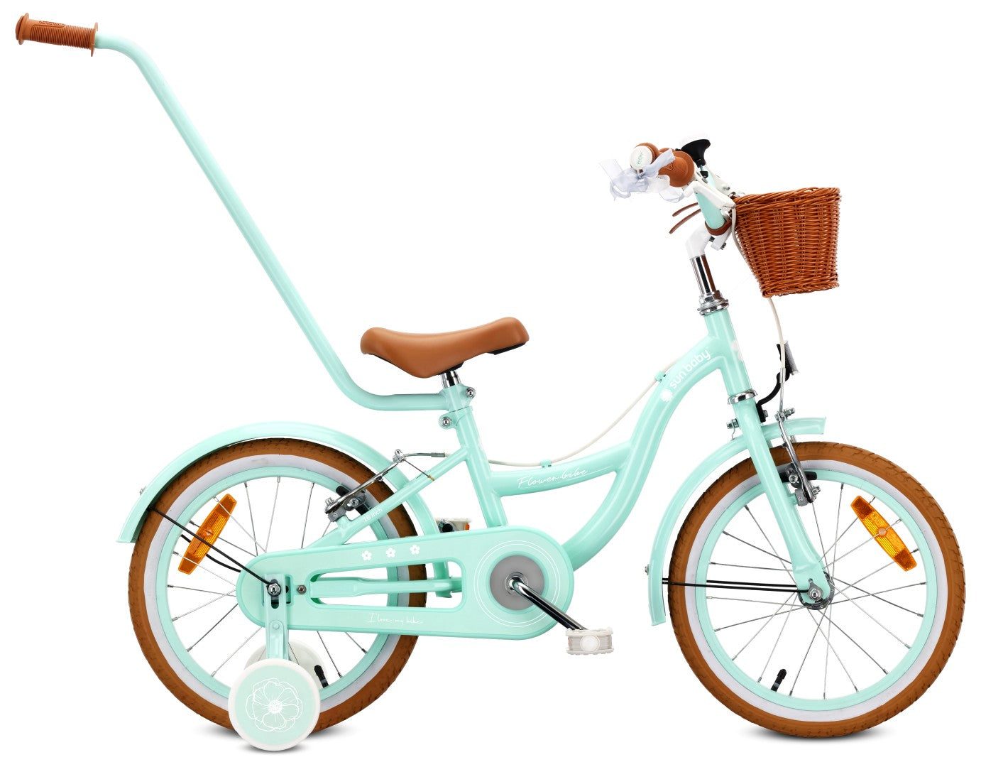 Rower dziecięcy 16 cali dla dziewczynki 4 5 6 lat Pchacz Kółka boczne Koszyk V-brake Flower Retro bike miętowy
