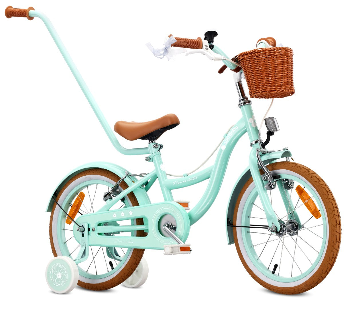 Rower dziecięcy 16 cali dla dziewczynki 4 5 6 lat Pchacz Kółka boczne Koszyk V-brake Flower Retro bike miętowy