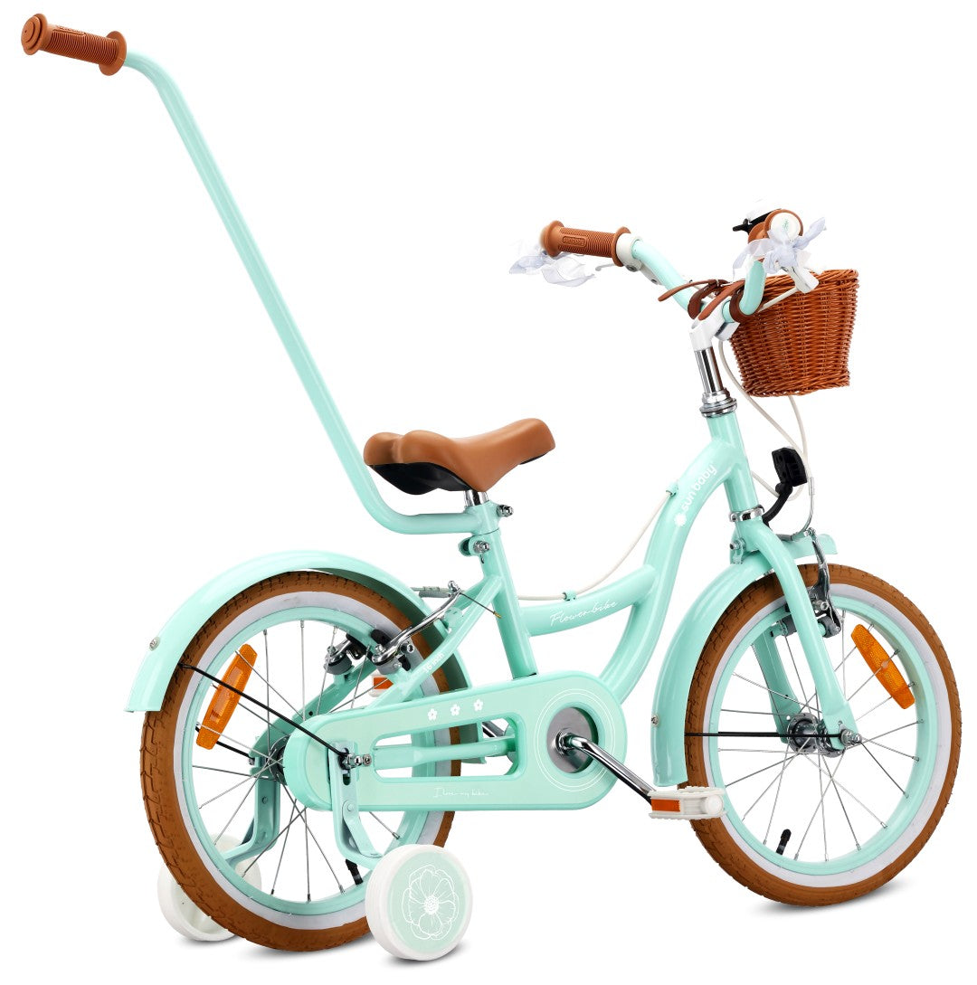 Rower dziecięcy 16 cali dla dziewczynki 4 5 6 lat Pchacz Kółka boczne Koszyk V-brake Flower Retro bike miętowy