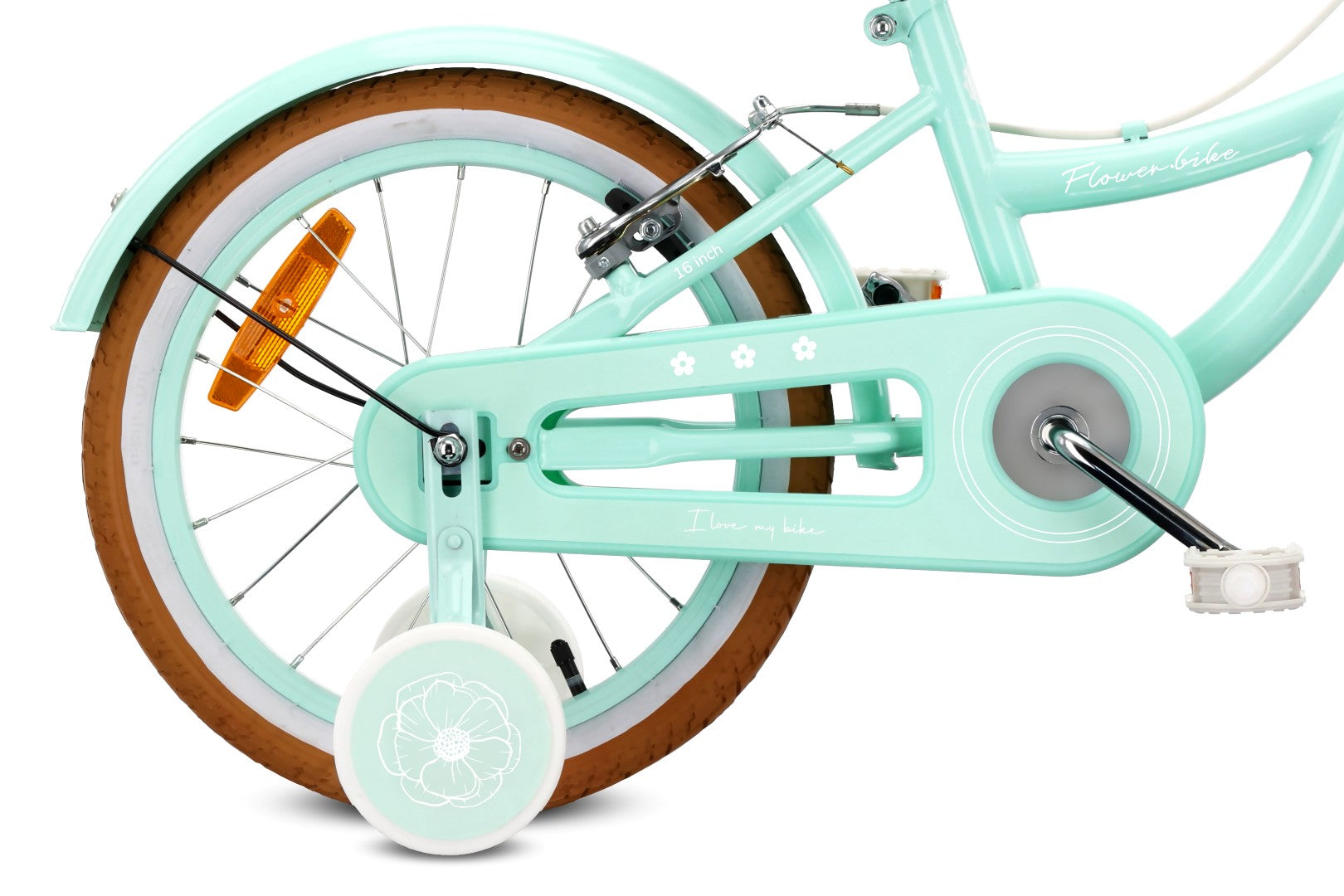 Rower dziecięcy 16 cali dla dziewczynki 4 5 6 lat Pchacz Kółka boczne Koszyk V-brake Flower Retro bike miętowy