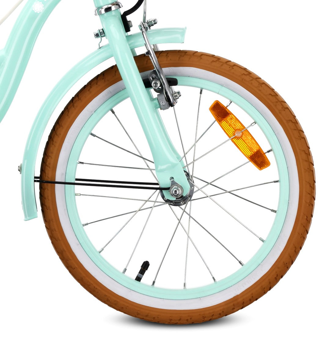 Rower dziecięcy 16 cali dla dziewczynki 4 5 6 lat Pchacz Kółka boczne Koszyk V-brake Flower Retro bike miętowy