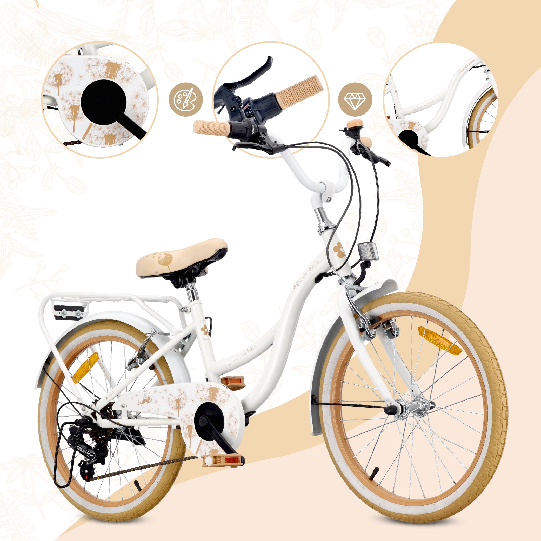 20-Zoll-Mädchenfahrrad, Shimano 6-Gang, Flower Bike Dandelion Sun Baby