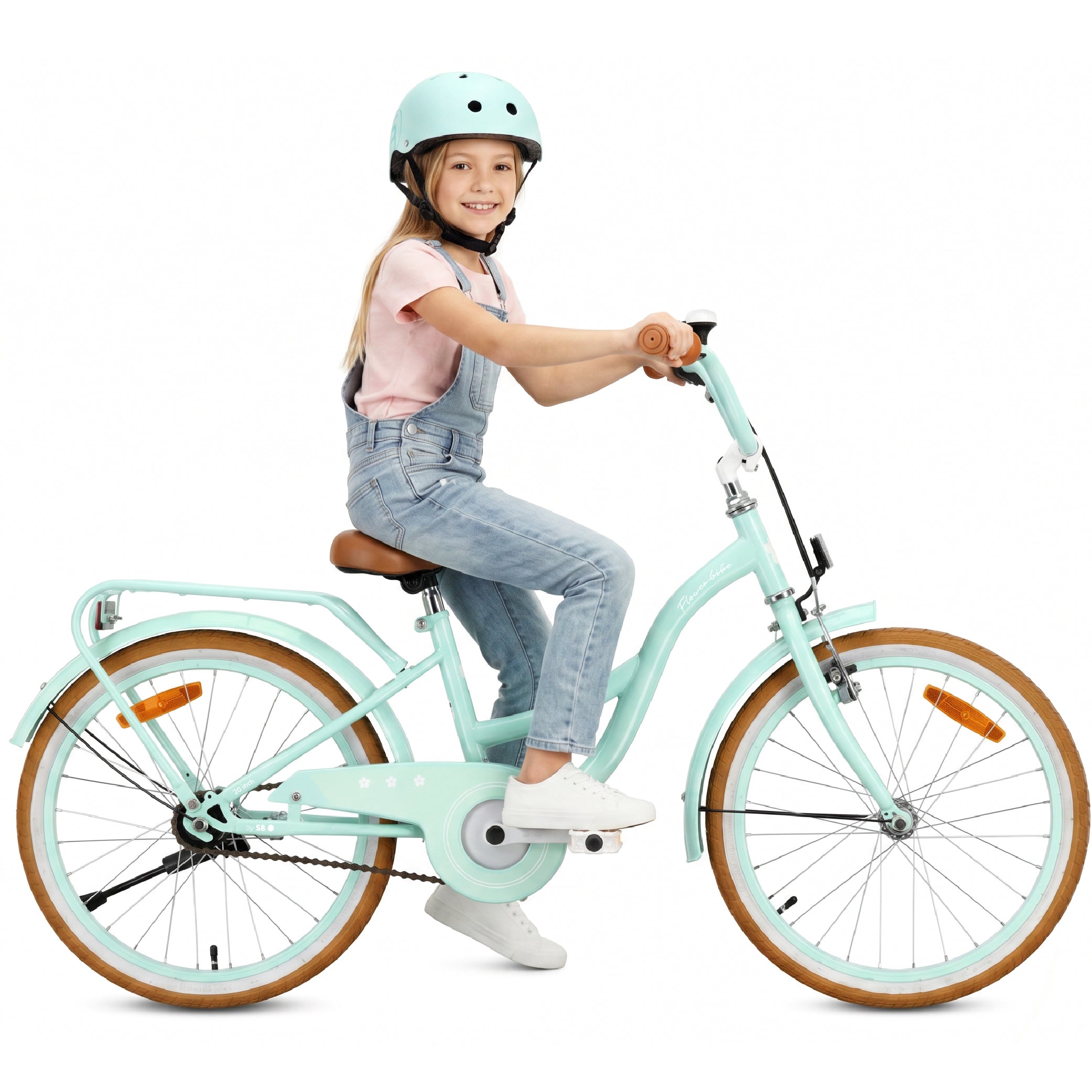 Rower dziecięcy 20 cali dla dziewczynki 6 7 8 lat Bagażnik Stopka Koszyk Flower Retro bike miętowy