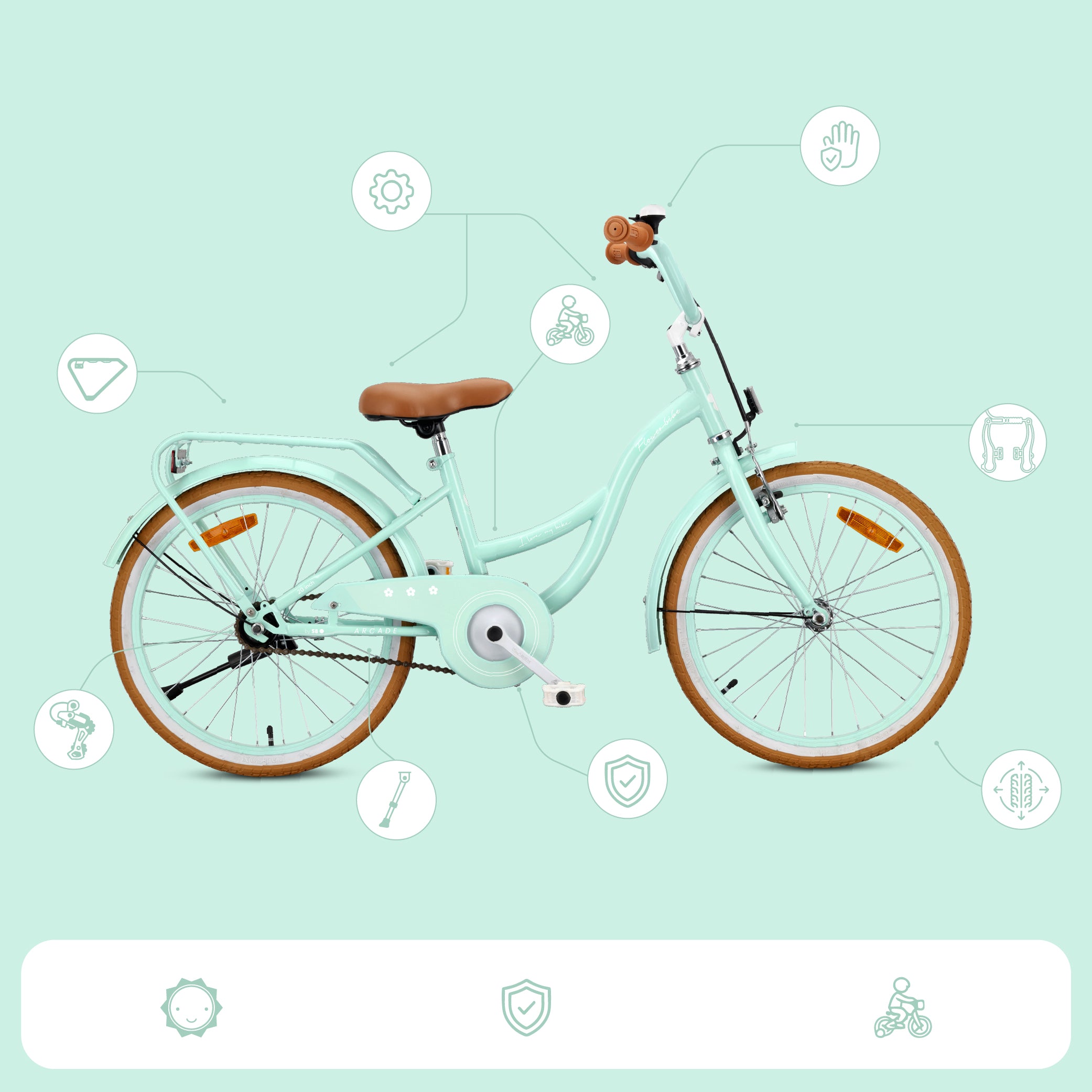 Rower dziecięcy 20 cali dla dziewczynki 6 7 8 lat Bagażnik Stopka Koszyk Flower Retro bike miętowy
