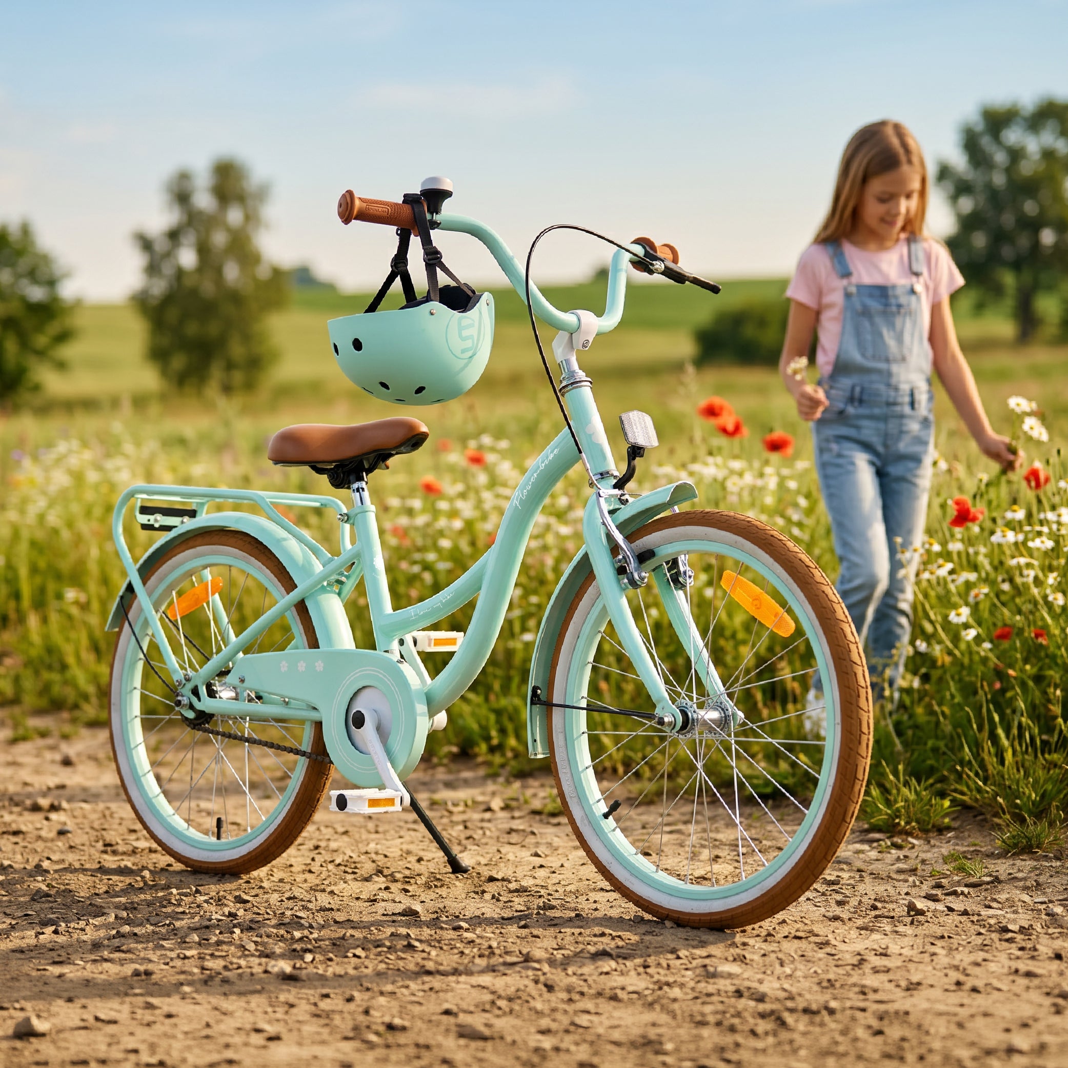 Rower dziecięcy 20 cali dla dziewczynki 6 7 8 lat Bagażnik Stopka Koszyk Flower Retro bike miętowy