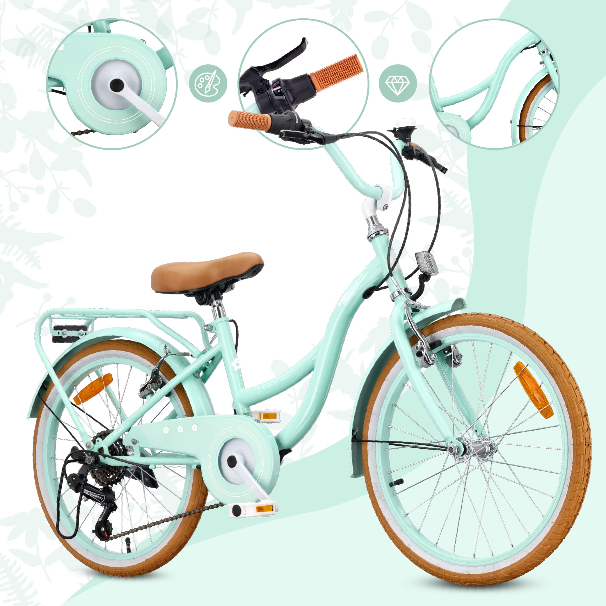 Rower dziecięcy 20 cali dla dziewczynki Shimano 6 biegów 6 7 8 lat Bagażnik Stopka Retro Flower bike miętowy