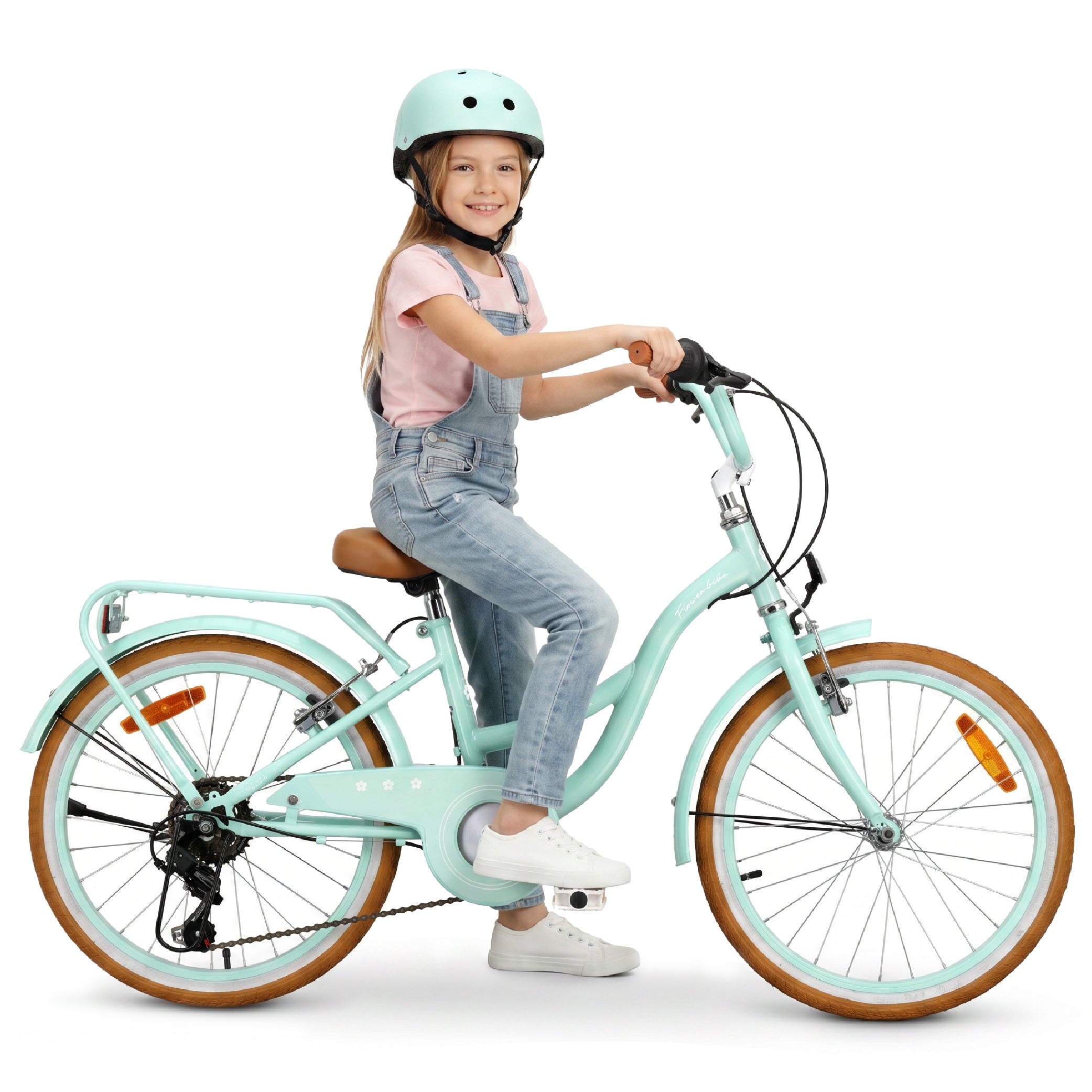 Rower dziecięcy 20 cali dla dziewczynki Shimano 6 biegów 6 7 8 lat Bagażnik Stopka Retro Flower bike miętowy