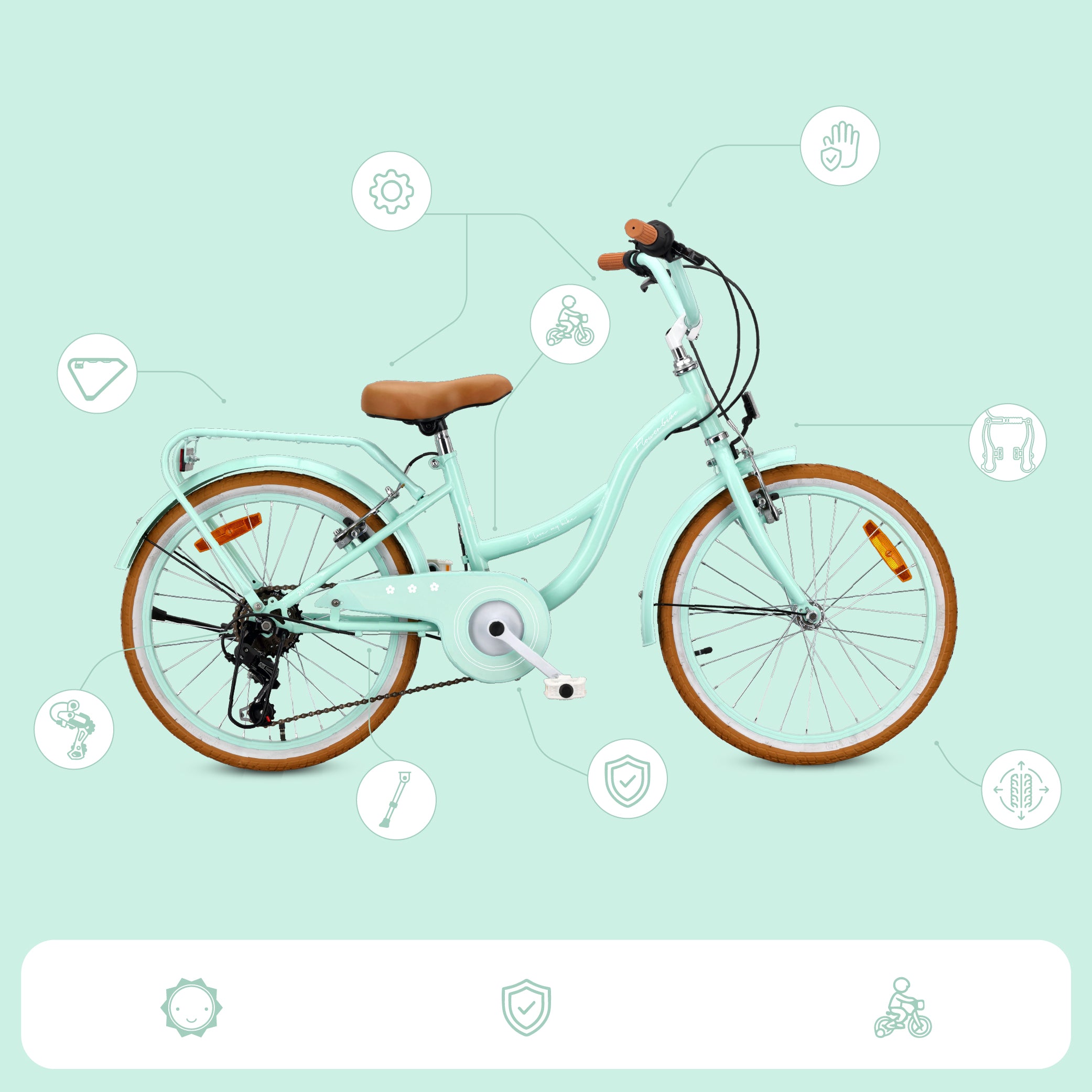 Rower dziecięcy 20 cali dla dziewczynki Shimano 6 biegów 6 7 8 lat Bagażnik Stopka Retro Flower bike miętowy