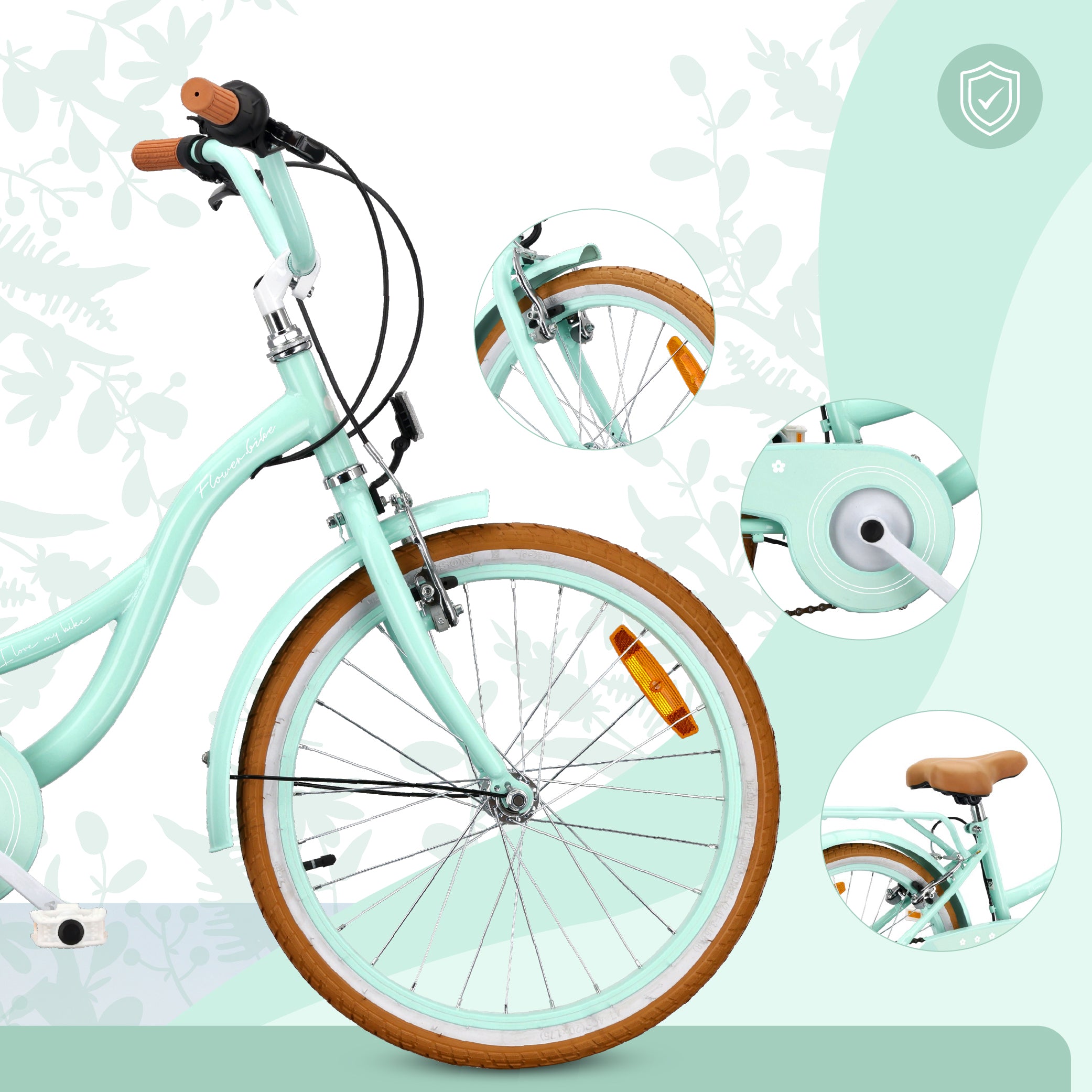 Rower dziecięcy 20 cali dla dziewczynki Shimano 6 biegów 6 7 8 lat Bagażnik Stopka Retro Flower bike miętowy