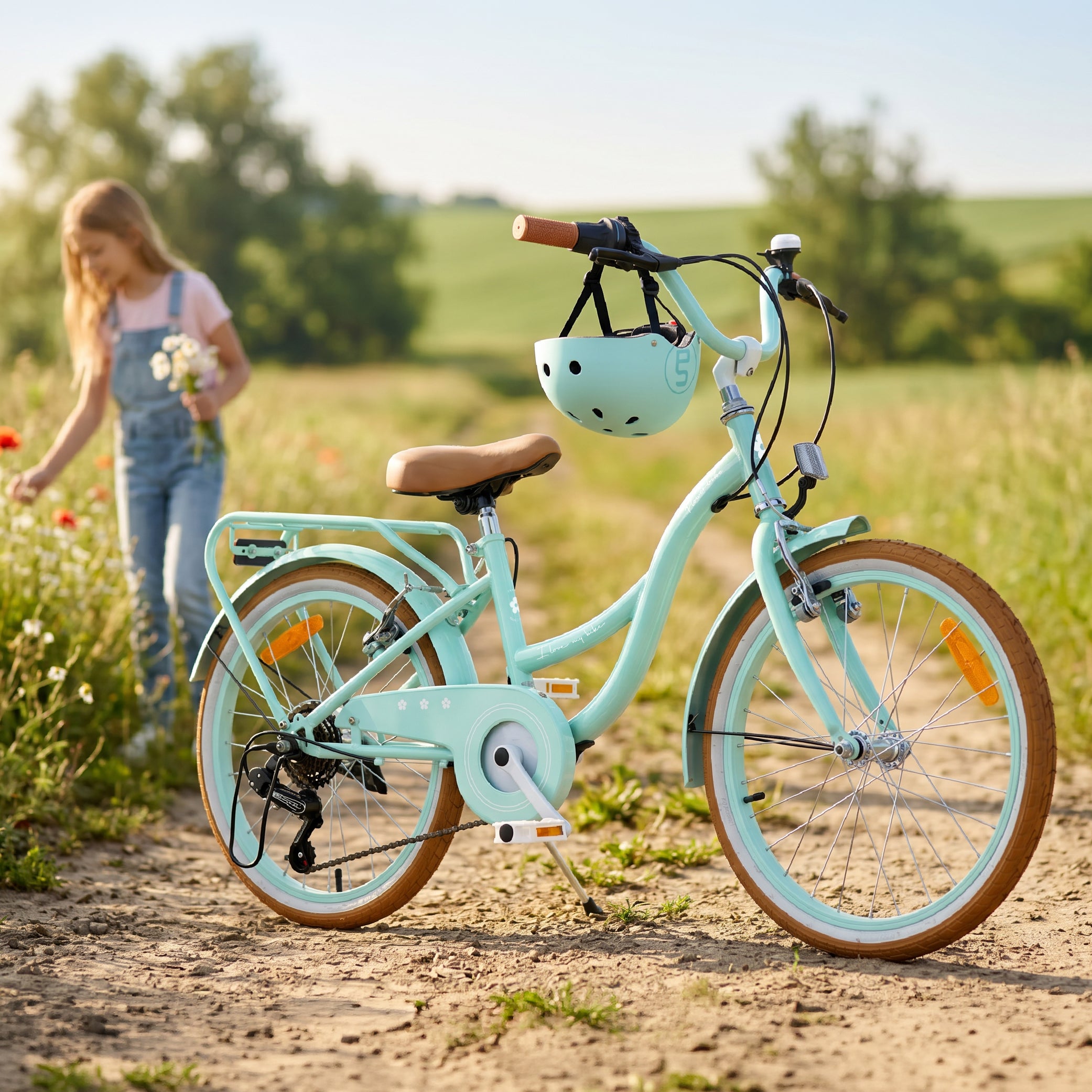 Rower dziecięcy 20 cali dla dziewczynki Shimano 6 biegów 6 7 8 lat Bagażnik Stopka Retro Flower bike miętowy