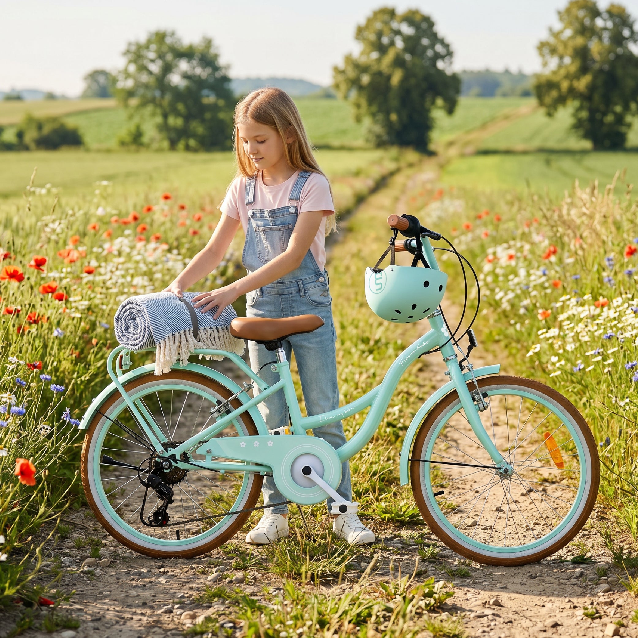 Rower dziecięcy 20 cali dla dziewczynki Shimano 6 biegów 6 7 8 lat Bagażnik Stopka Retro Flower bike miętowy