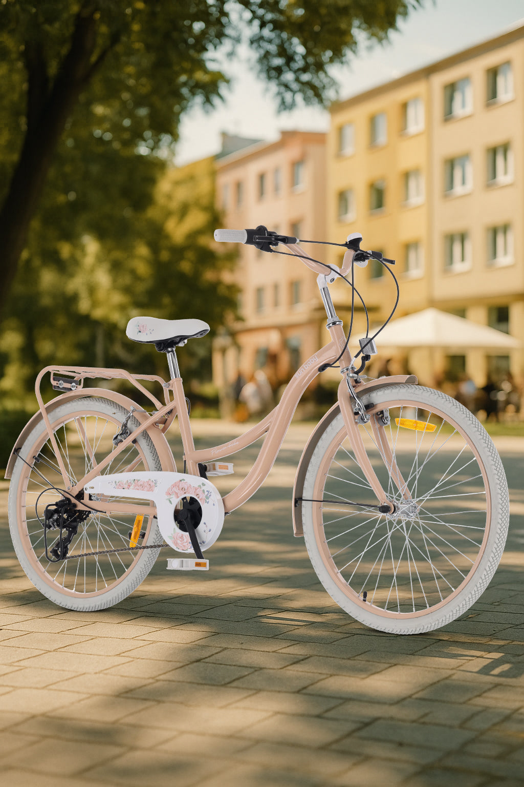 Rower młodzieżowy 24 cale dla dziewczynki miejski na komunię Shimano 7 biegów Flower Bike morelowy Sun Baby