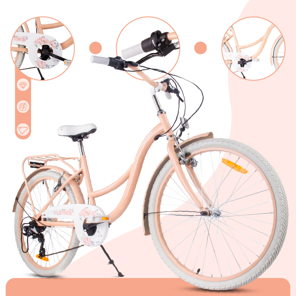 24-Zoll-Jugendfahrrad für Mädchen, Stadtrad für die Kommunion, Shimano 7-Gang-Schaltung, Flower Bike, aprikosenfarben, Sun Baby