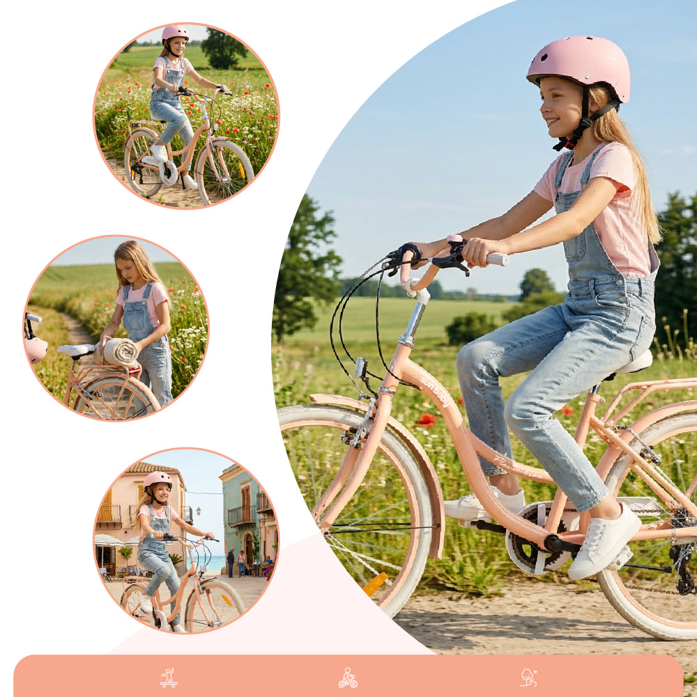 24-Zoll-Jugendfahrrad für Mädchen, Stadtrad für die Kommunion, Shimano 7-Gang-Schaltung, Flower Bike, aprikosenfarben, Sun Baby