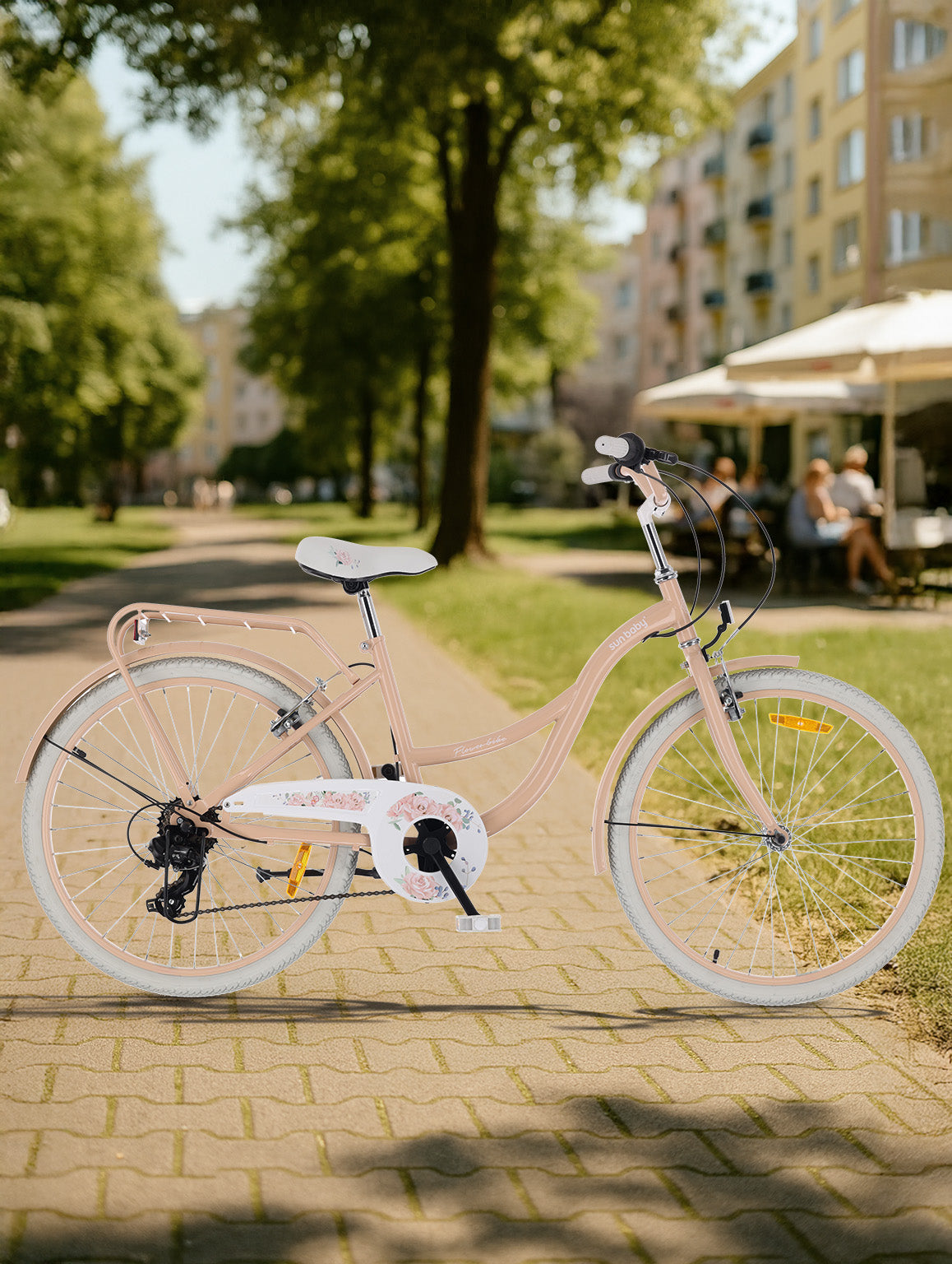 Rower młodzieżowy 24 cale dla dziewczynki miejski na komunię Shimano 7 biegów Flower Bike morelowy Sun Baby