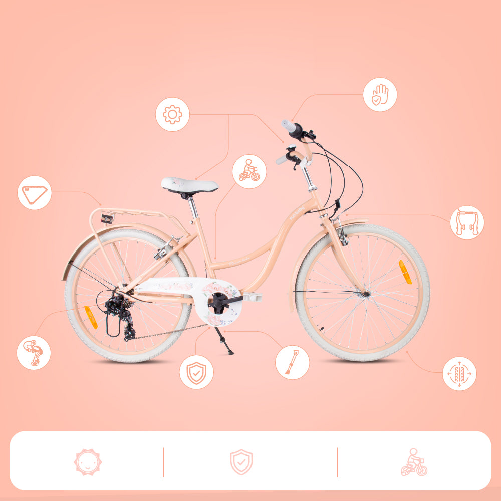24-Zoll-Jugendfahrrad für Mädchen, Stadtrad für die Kommunion, Shimano 7-Gang-Schaltung, Flower Bike, aprikosenfarben, Sun Baby
