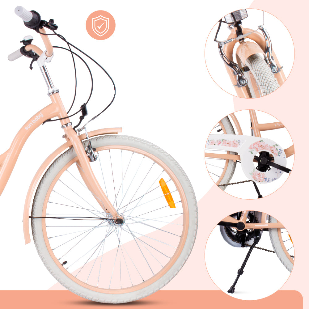 24-Zoll-Jugendfahrrad für Mädchen, Stadtrad für die Kommunion, Shimano 7-Gang-Schaltung, Flower Bike, aprikosenfarben, Sun Baby