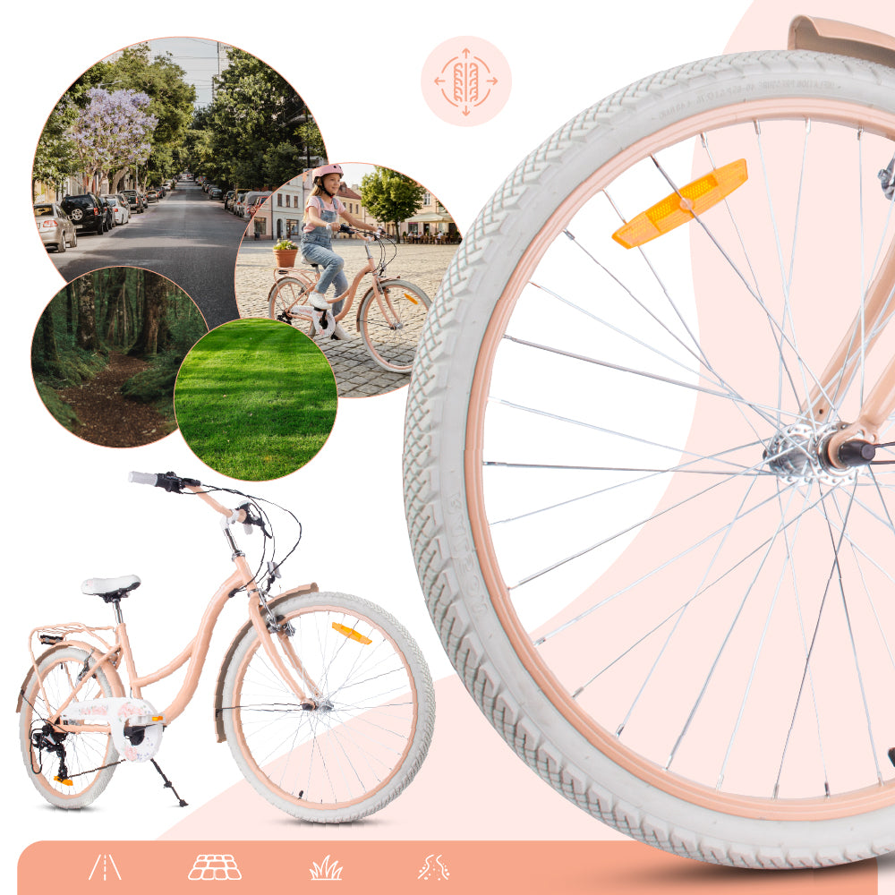 24-Zoll-Jugendfahrrad für Mädchen, Stadtrad für die Kommunion, Shimano 7-Gang-Schaltung, Flower Bike, aprikosenfarben, Sun Baby