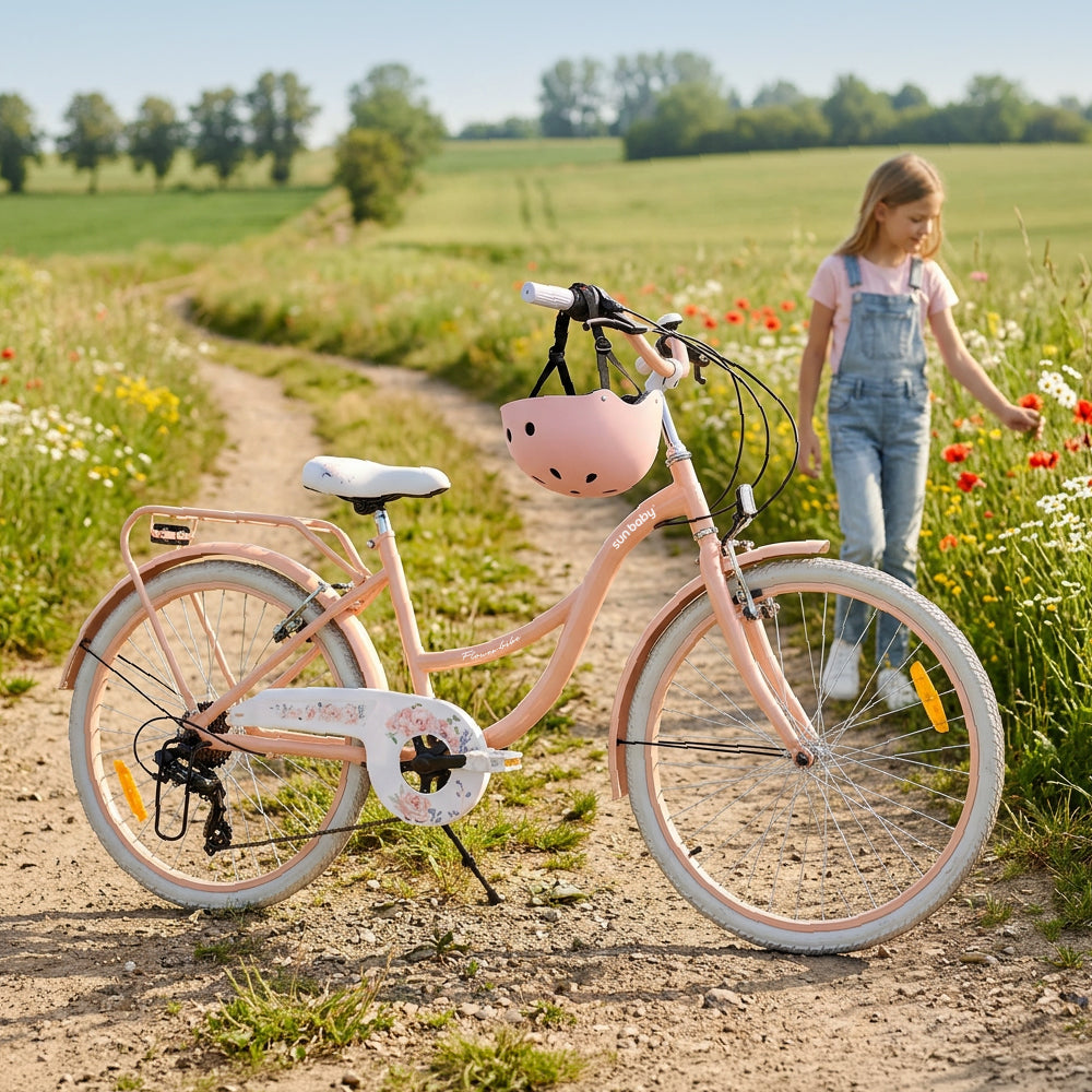 24-Zoll-Jugendfahrrad für Mädchen, Stadtrad für die Kommunion, Shimano 7-Gang-Schaltung, Flower Bike, aprikosenfarben, Sun Baby