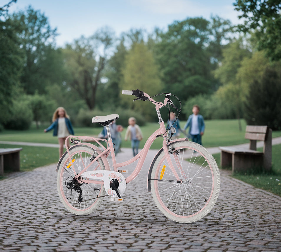 Rower młodzieżowy 24 cale dla dziewczynki miejski na komunię Shimano 7 biegów Flower Bike różowy Sun Baby