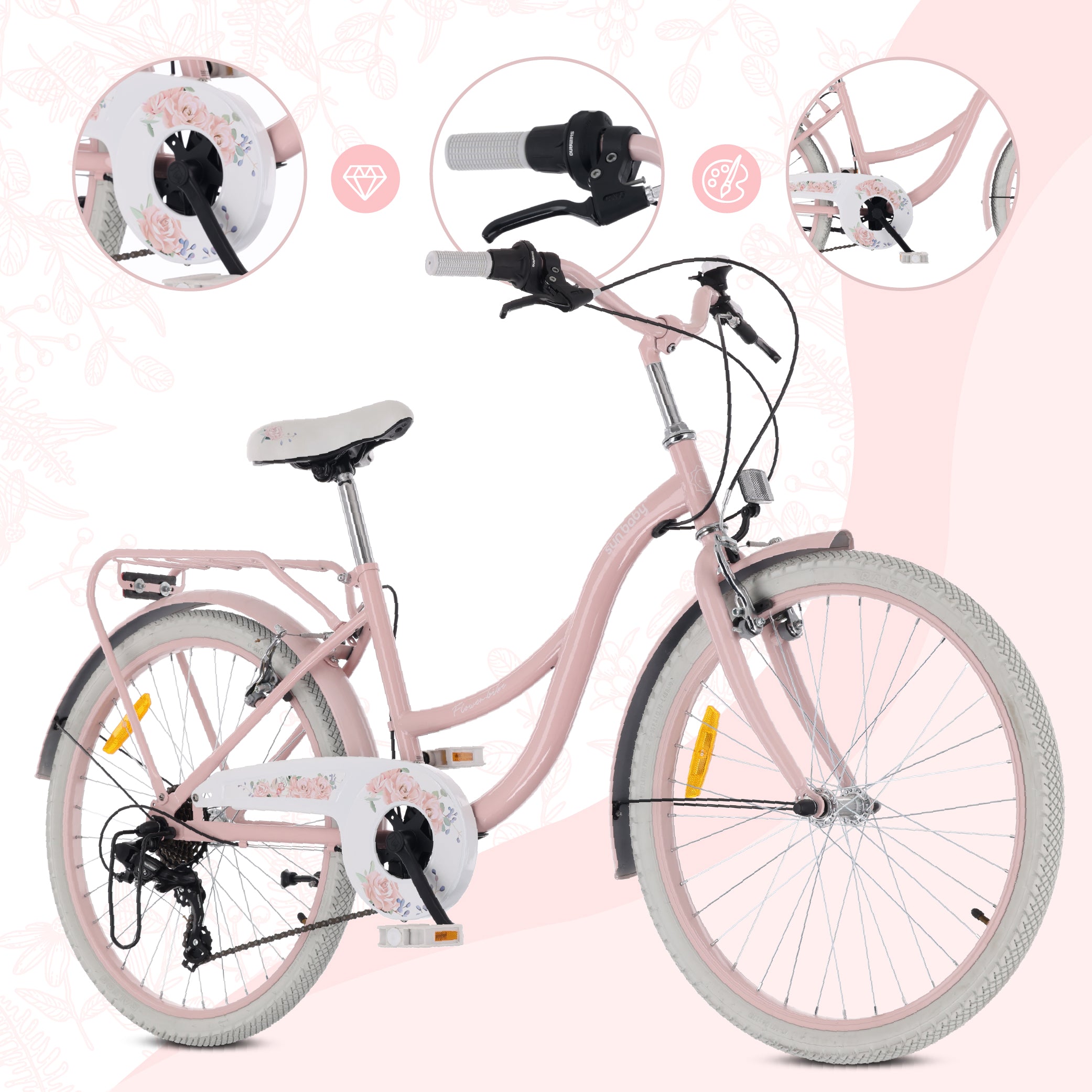 24-Zoll-Jugendfahrrad für Mädchen, Stadtrad für die Kommunion, Shimano 7-Gang-Schaltung, Flower Bike, rosa, Sun Baby