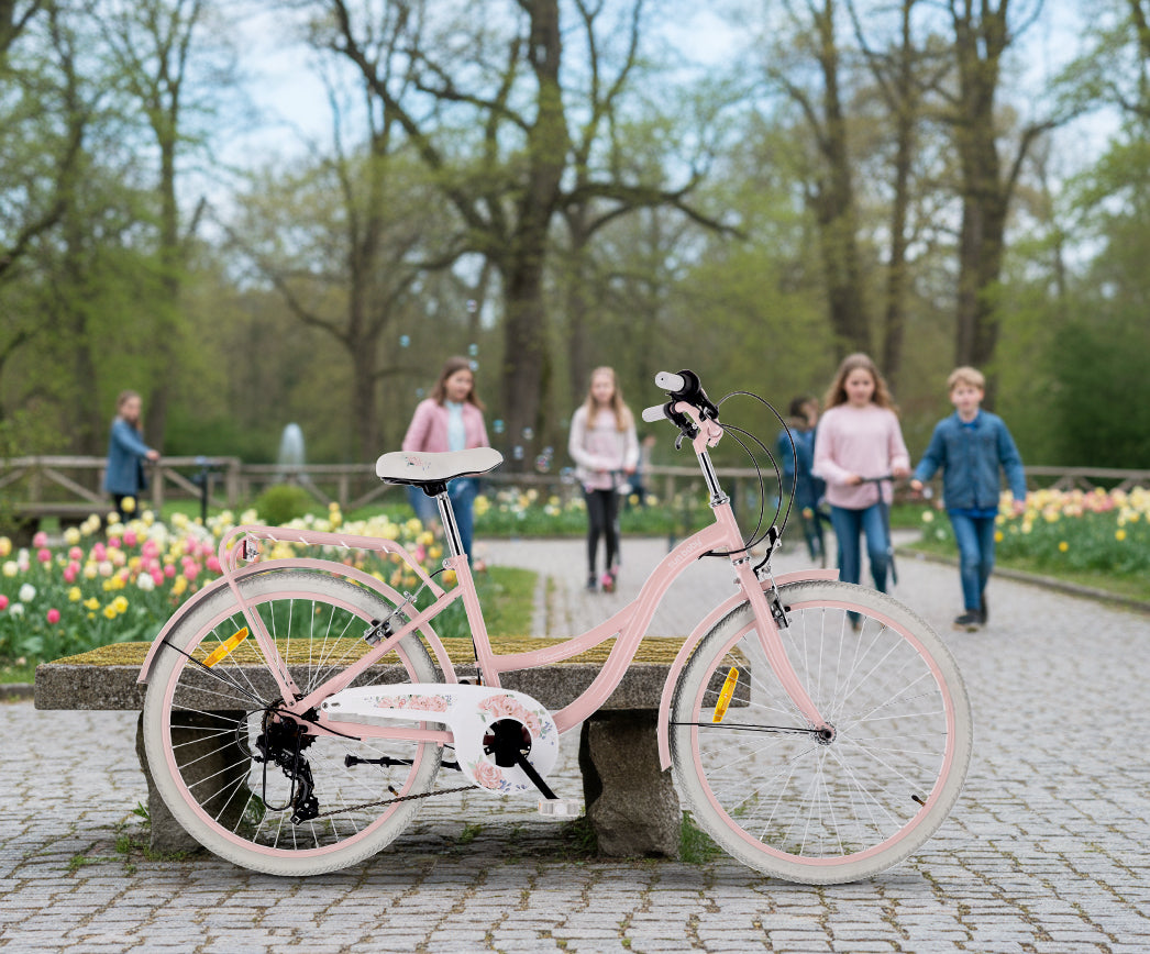 Rower młodzieżowy 24 cale dla dziewczynki miejski na komunię Shimano 7 biegów Flower Bike różowy Sun Baby