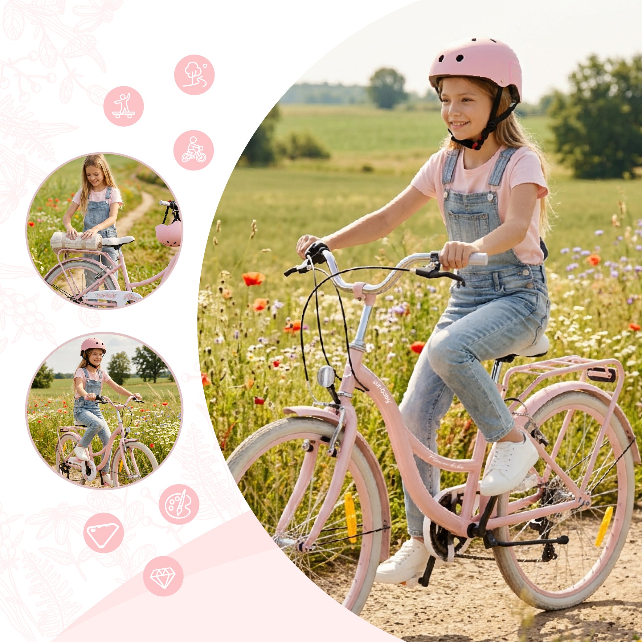 24-Zoll-Jugendfahrrad für Mädchen, Stadtrad für die Kommunion, Shimano 7-Gang-Schaltung, Flower Bike, rosa, Sun Baby
