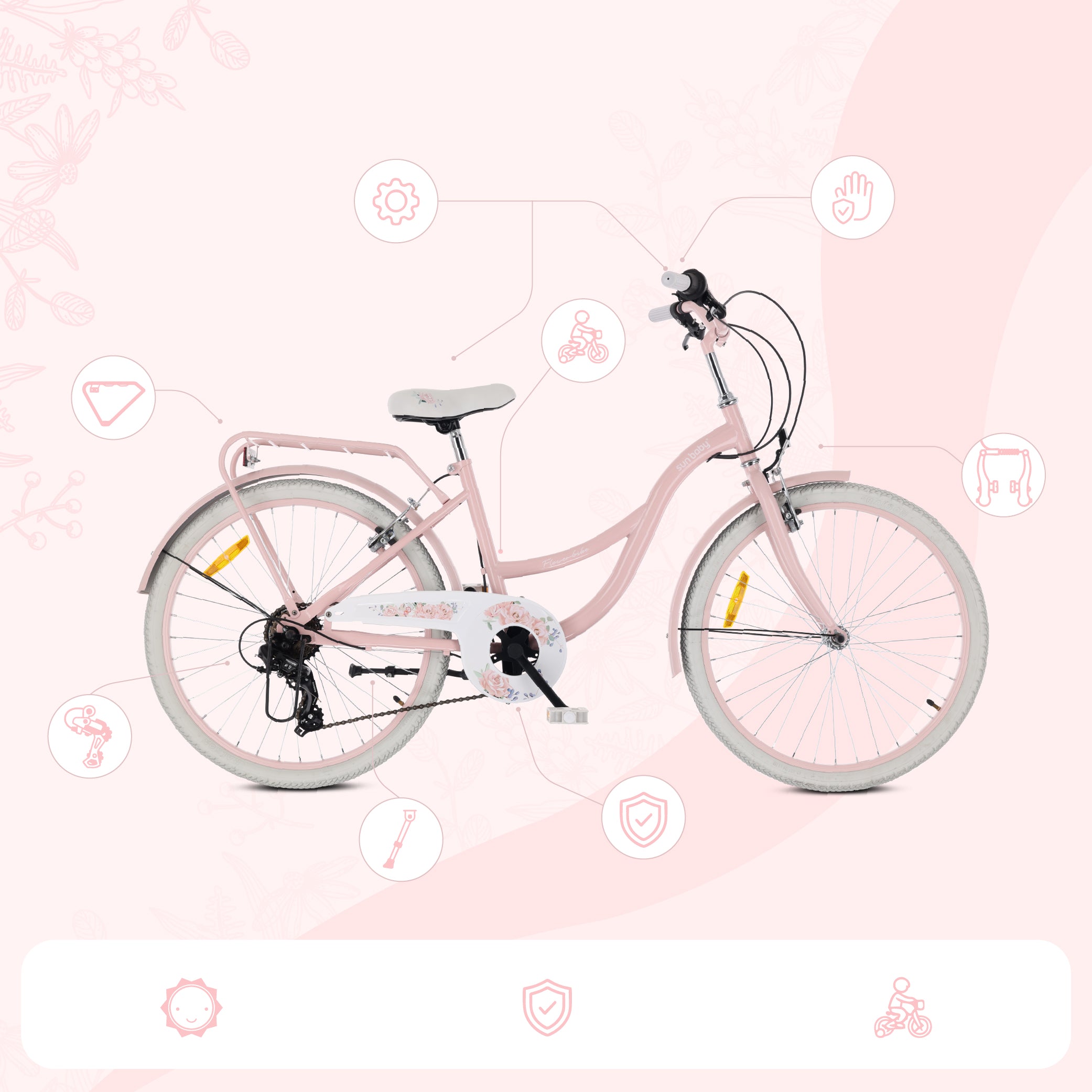 24-Zoll-Jugendfahrrad für Mädchen, Stadtrad für die Kommunion, Shimano 7-Gang-Schaltung, Flower Bike, rosa, Sun Baby