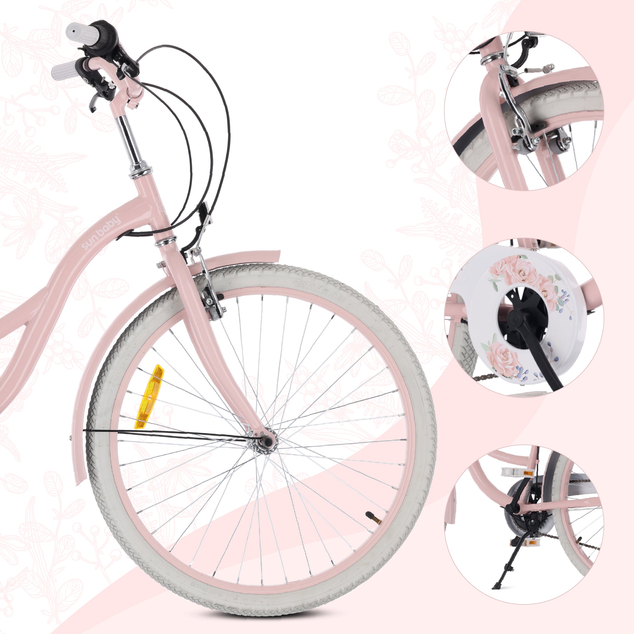 24-Zoll-Jugendfahrrad für Mädchen, Stadtrad für die Kommunion, Shimano 7-Gang-Schaltung, Flower Bike, rosa, Sun Baby